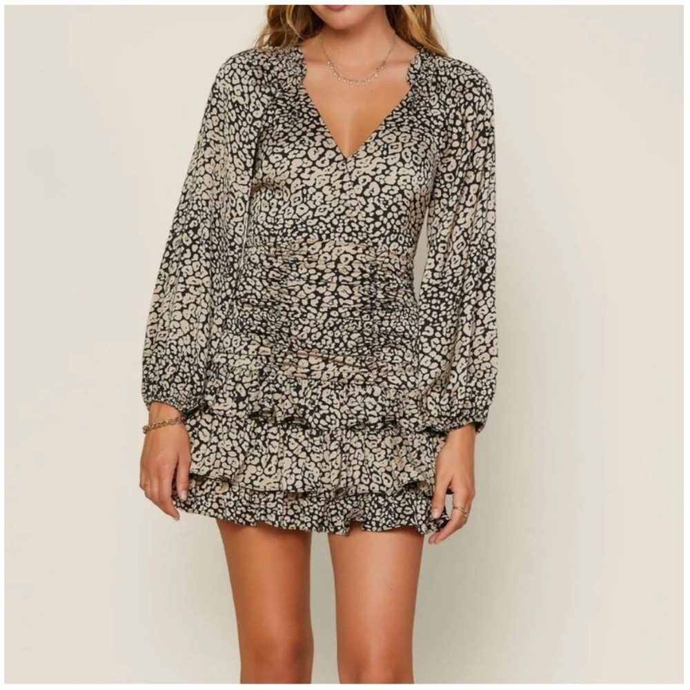 Skies Are Blue Leopard Print Ruched Tiered Ruffle Mini Dress‎ Tan Black 98546